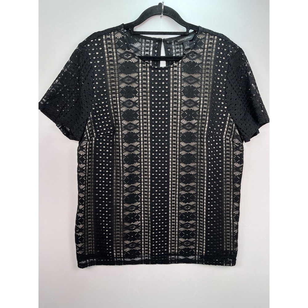 Banana Republic Lace Tee Black and Tan‎ Size Large Sexy Sheer Back Goth